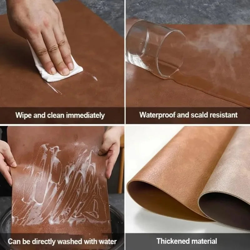 Beidseitige PU-Leder Tischmatte im Nordic Style – Rutschfeste, wasserfeste & hitzeisolierende Platzmatte in Tropfenform mit Cowhide-Optik