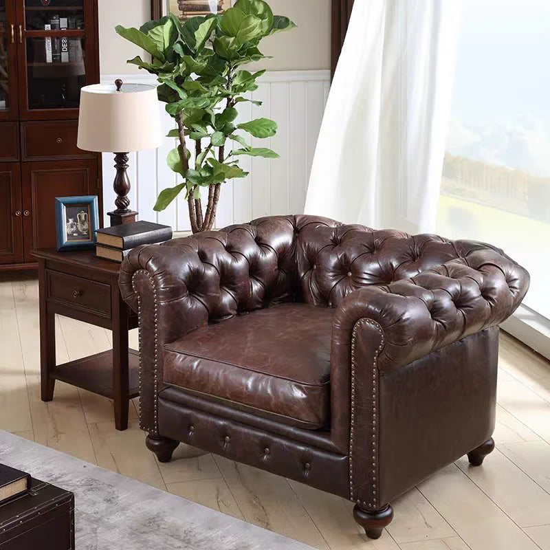 Retro Chesterfield Ledersofa mit Knopfheftung – Klassisches Mehrpersonen-Sofa aus echtem Leder im Vintage-Stil für Cigar Bar, Whiskey Lounge & Café