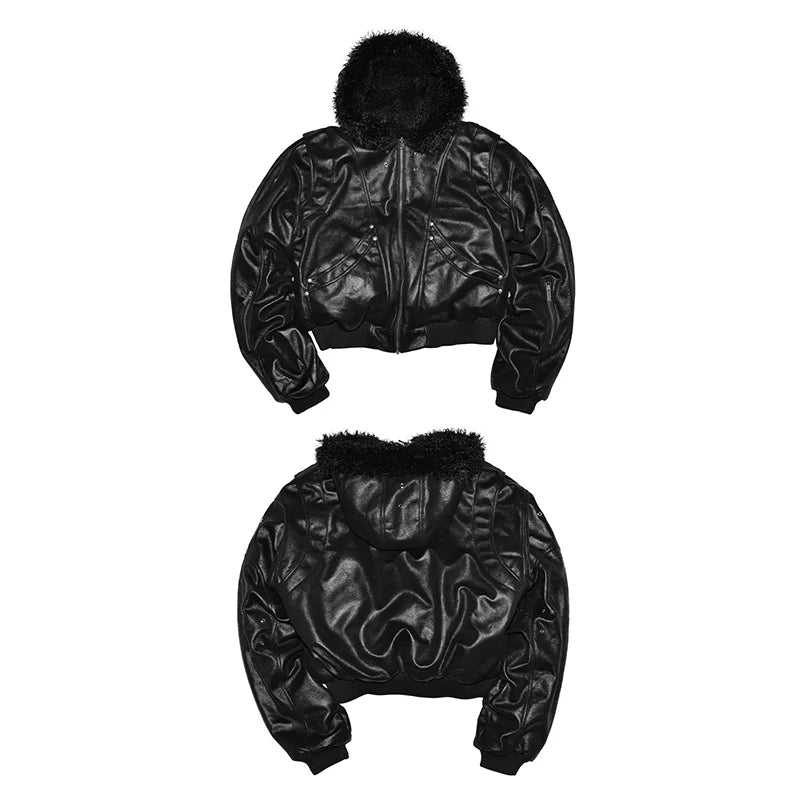 Herren Oversized PU-Lederjacke mit Kunstfell-Kapuze – Kurze High-Street Designer Jacke, warm & luxuriös für Herbst & Winter