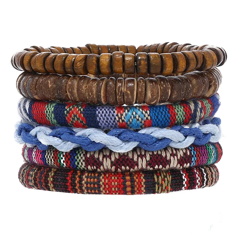 Boho Lederarmband für Herren – Handgeflochtenes Armband mit Holzperlen & Kokosschale, verstellbares Ethno Charm Armband