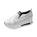 Damen Sneaker Silber mit Plateau – Slip-On Loafer aus PU-Leder mit Keilabsatz & dicker Sohle für Frühling & Herbst