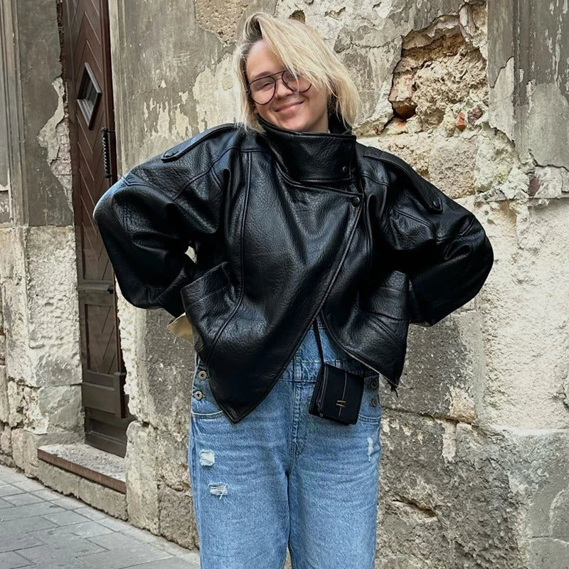 MUJER Schwarze Damen Faux Leder Bomberjacke – Elegante Office Jacke mit Reißverschluss, Umlegekragen & Taschen für jede Saison