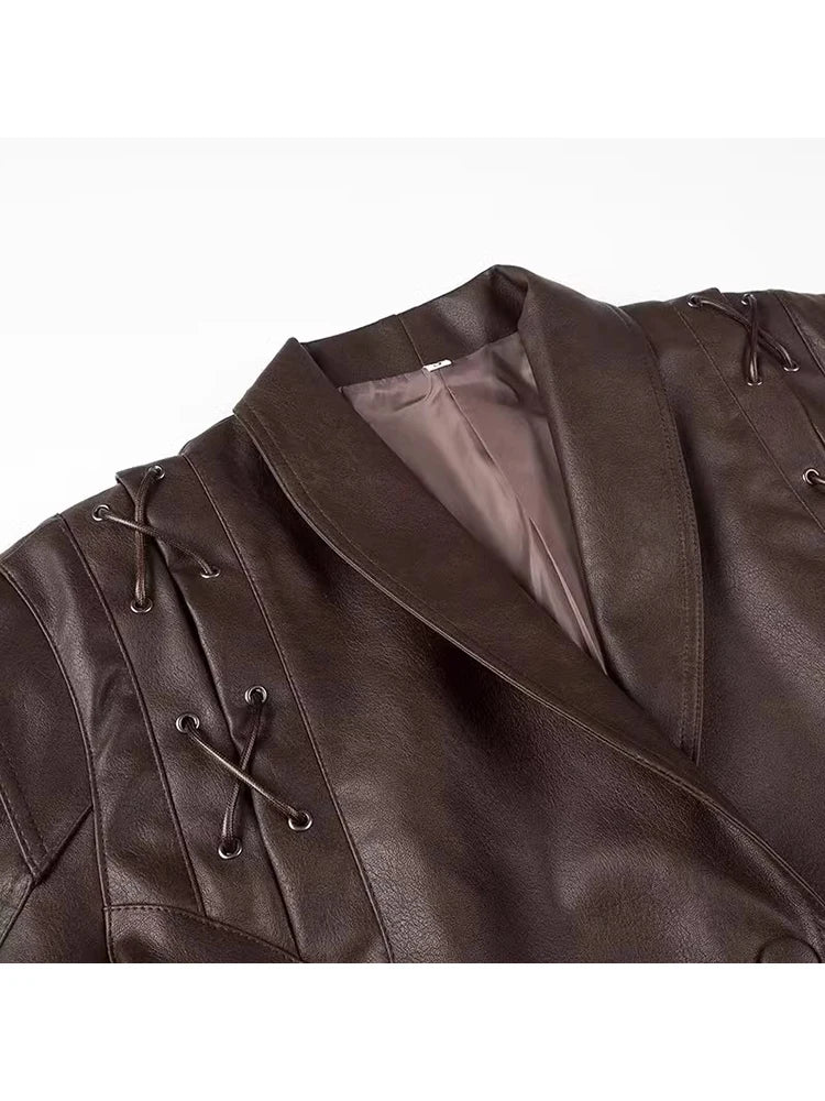 Damen Kurzjacke aus braunem PU-Leder im Retro-Vintage-Stil – Luxus Designer Jacke mit Schnürung & Gürtel für Frühling & Herbst