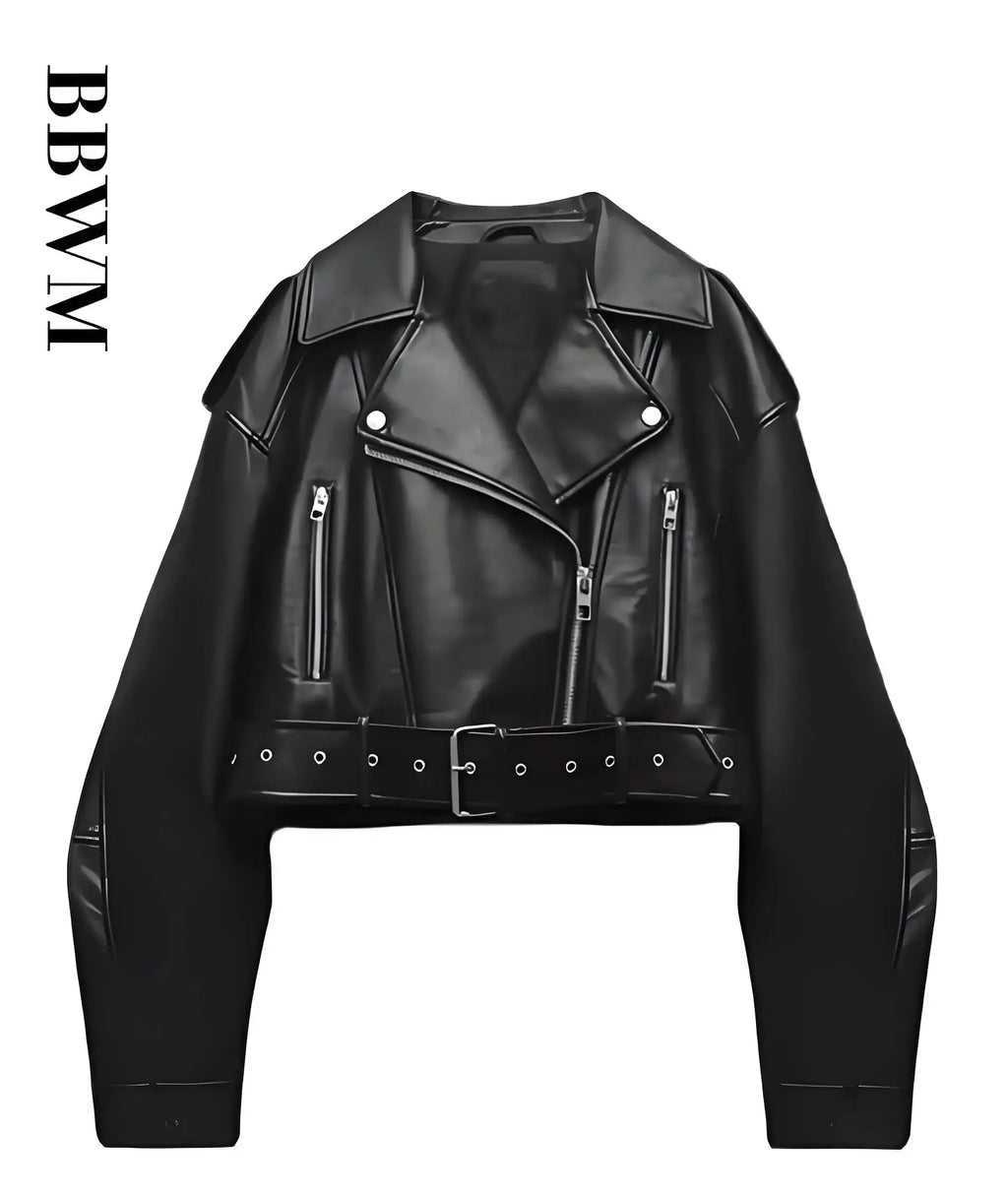 Damen Oversized Vintage PU Lederjacke – Kurze Biker Kunstlederjacke mit Gürtel & Reißverschluss, lässige Streetwear Moto Jacke