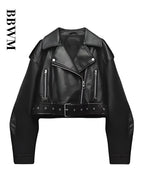 Damen Oversized Vintage PU Lederjacke – Kurze Biker Kunstlederjacke mit Gürtel & Reißverschluss, lässige Streetwear Moto Jacke