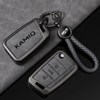 Premium Autoschlüssel Hülle aus Metall &amp; Leder für Skoda Kamiq - Faltbares Keyless Key Case Cover mit Schlüsselanhänger