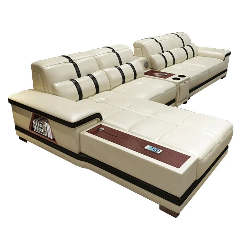 Grand canapé-lit en cuir véritable avec support – Canapé d'angle classique en forme de L, canapé luxueux pour femmes de style 