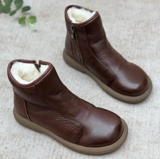 Handgefertigte Damen Stiefeletten aus echtem Leder – Warme Retro Ankle Boots mit Rundspitze &amp; Reißverschluss (Größe 35–45) 