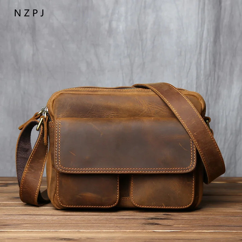 NZPJ Retro Herren Leder-Umhängetasche – Crazy Horse Top Layer Cowhide Messenger Bag für 9-Zoll iPad, Casual Schultertasche