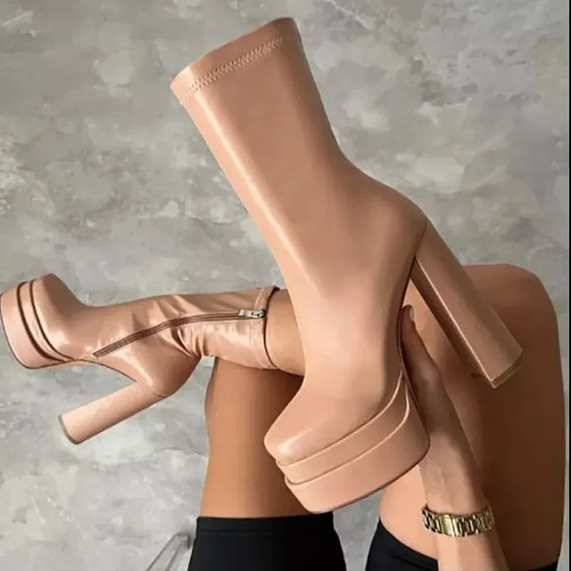 Damen Platform Ankle Boots mit Blockabsatz – Luxus Chelsea Boots aus hochwertiger Lederoptik, Ultra High Heels, Größe 34–47