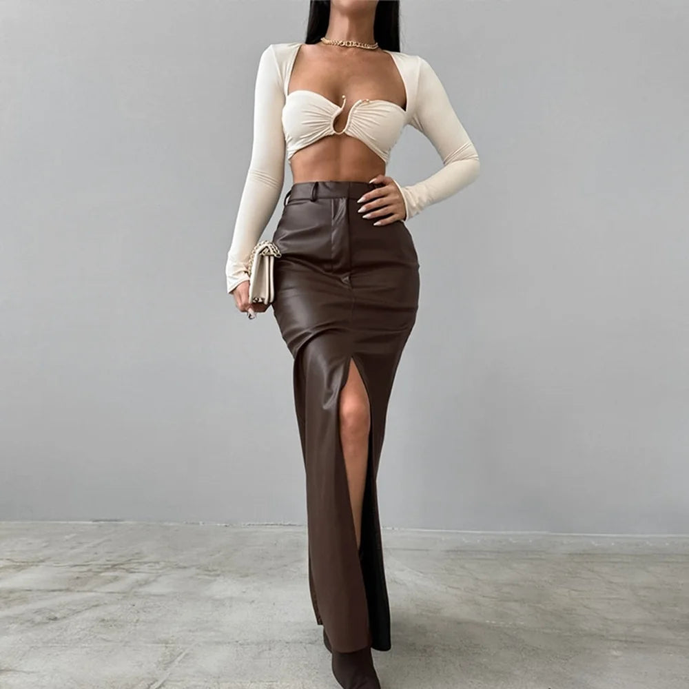 Damen PU Leder Maxirock Schwarz – Cintura alta A-Linien Rock in Lederoptik, figurbetonter langer Rock für Herbst &amp; Winter