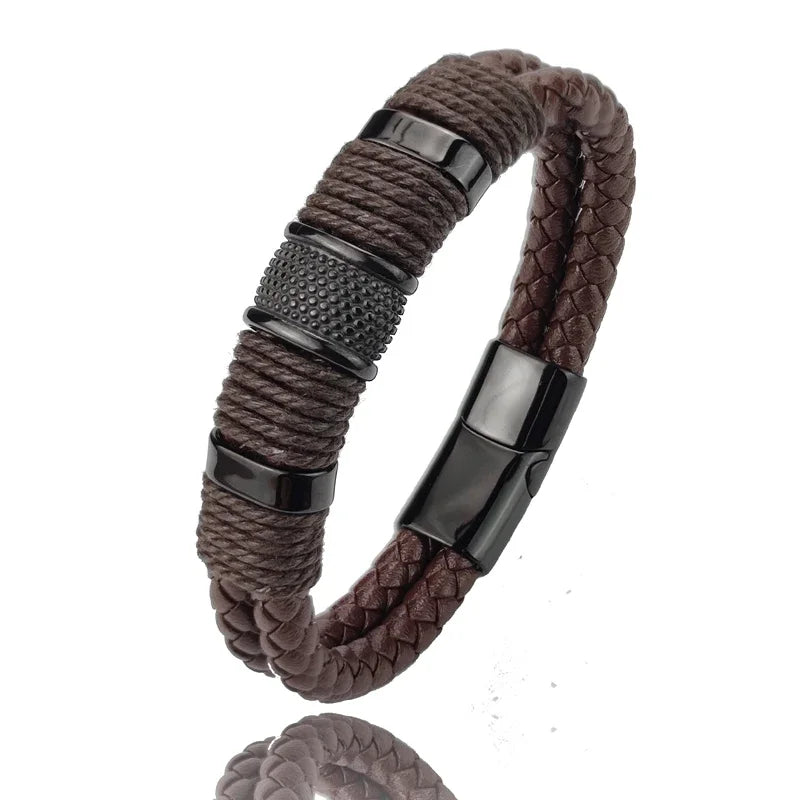 Luxus Herren Lederarmband Vintage – Mehrlagiges braunes Lederarmband mit Edelstahl & Perlen, elegantes Herrenarmband in Premium-Qualität