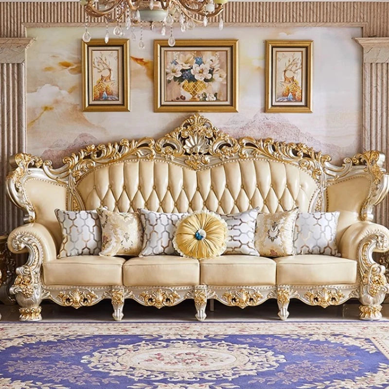 Elegantes Echtleder Sofa mit Massivholzrahmen – Luxuriöses Lounge Sofa im europäischen Stil für Wohnzimmer & Apartment