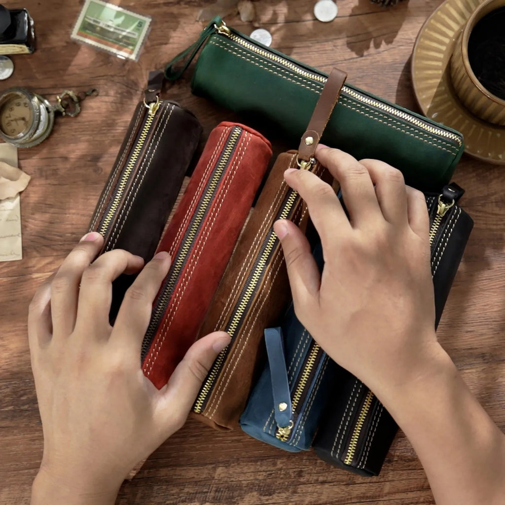 Trousse à crayons zippée en cuir véritable - Pochette élégante pour étudiants, bureau et voyages - Organiseur de papeterie compact