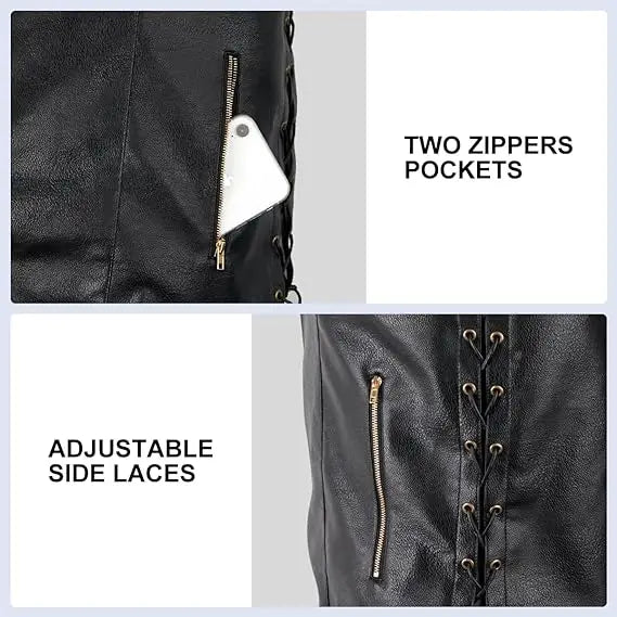 Herren Motorrad Weste aus Kunstleder – Biker Lederweste mit verstellbarer Schnürung & versteckten Taschen, V-Ausschnitt, ganzjährig tragbar