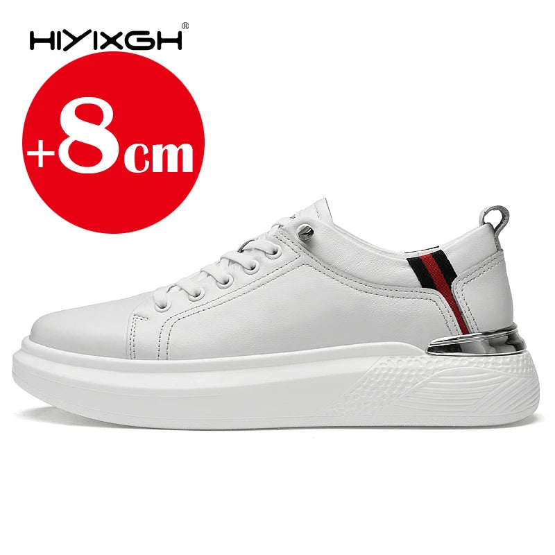 Hiyixgh Herren Lederschuhe mit Höhenaufbau – Weiße Sneaker mit 6–8 cm Elevator-Einlagen, sportlich & casual