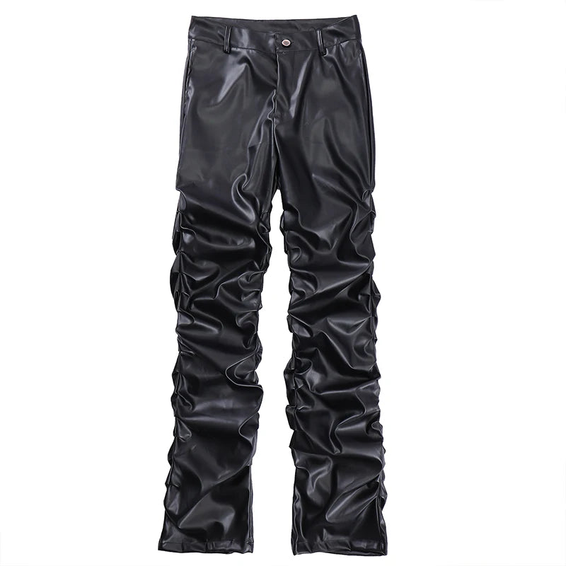 Herren PU Lederhose im Hip-Hop & Harajuku Style – Plissierte Streetwear Hose mit weitem Schnitt, schwarze Kunstlederhose für Alltag & High Street
