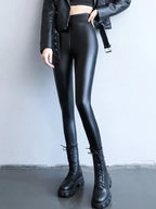 Leggings de piel sintética de invierno para mujer: cintura alta, cálidos con flores, corte ajustado y elásticos en cuero clásico 