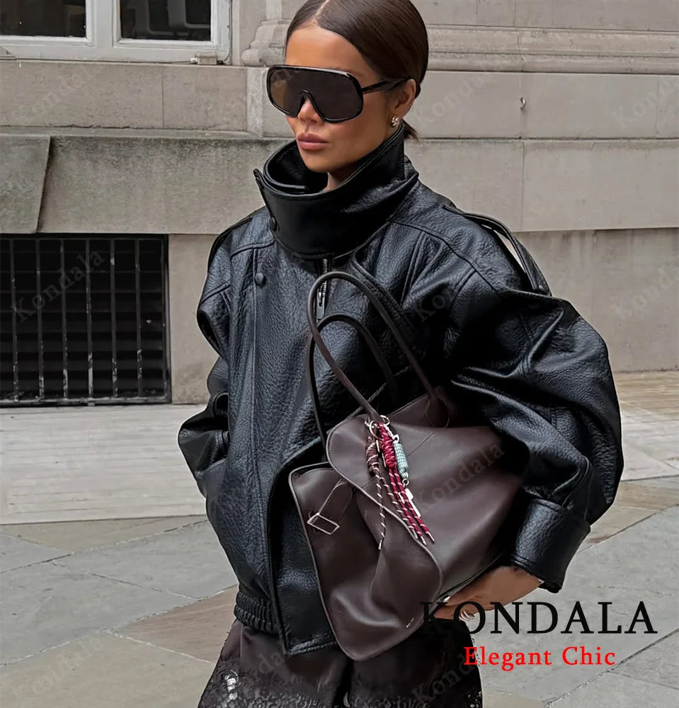 Damen PU Lederjacke mit Stehkragen – Pilot Jacke mit Reißverschluss, Streetwear Herbst Winter 2025