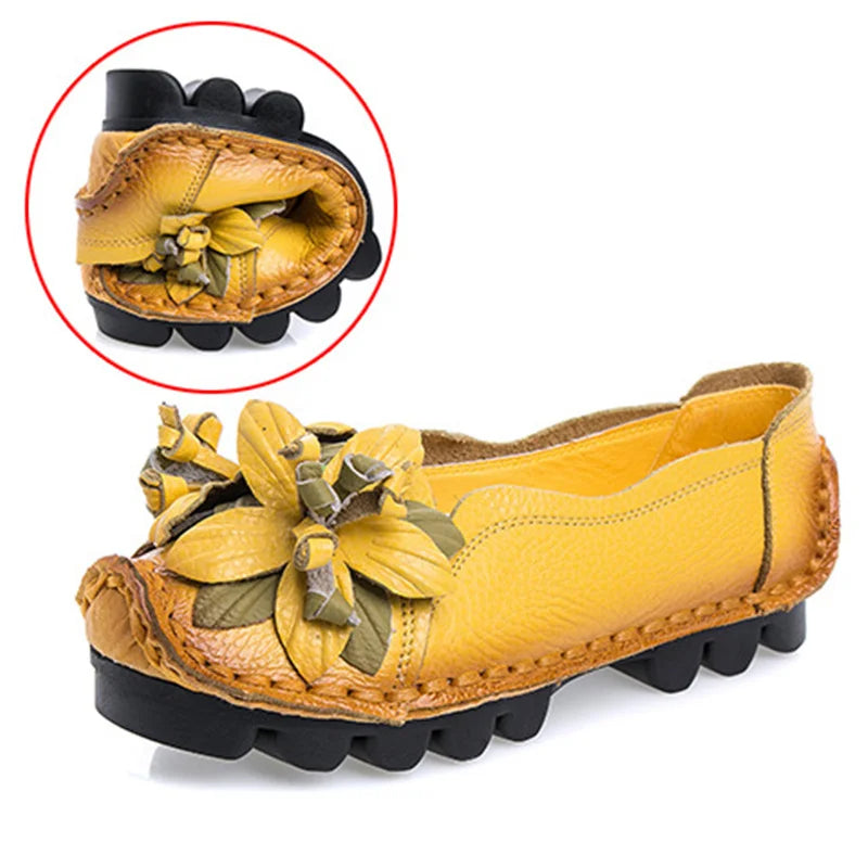 WOIZGIC Damen Flats BC-589 – Handgefertigte Ledermokassins mit Blumen, Mocassins à enfiler, Rétro et grande taille