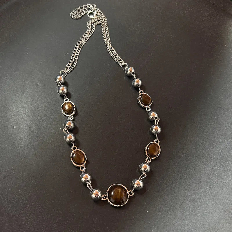 Vintage Halskette mit braunem Stein-Anhänger – Eleganter Layering Choker & Clavicle Chain aus Edelstahl für Damen & Herren