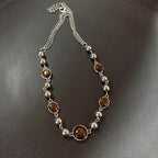 Vintage Halskette mit braunem Stein-Anhänger – Eleganter Layering Choker & Clavicle Chain aus Edelstahl für Damen & Herren