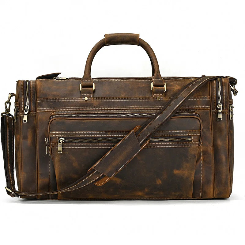 Newsbirds Extralarge Crazy Horse Bolsa de cuero para hombres – 60 cm Vintage Travel Duffle aus echtem Rindsleder mit Nietenboden 