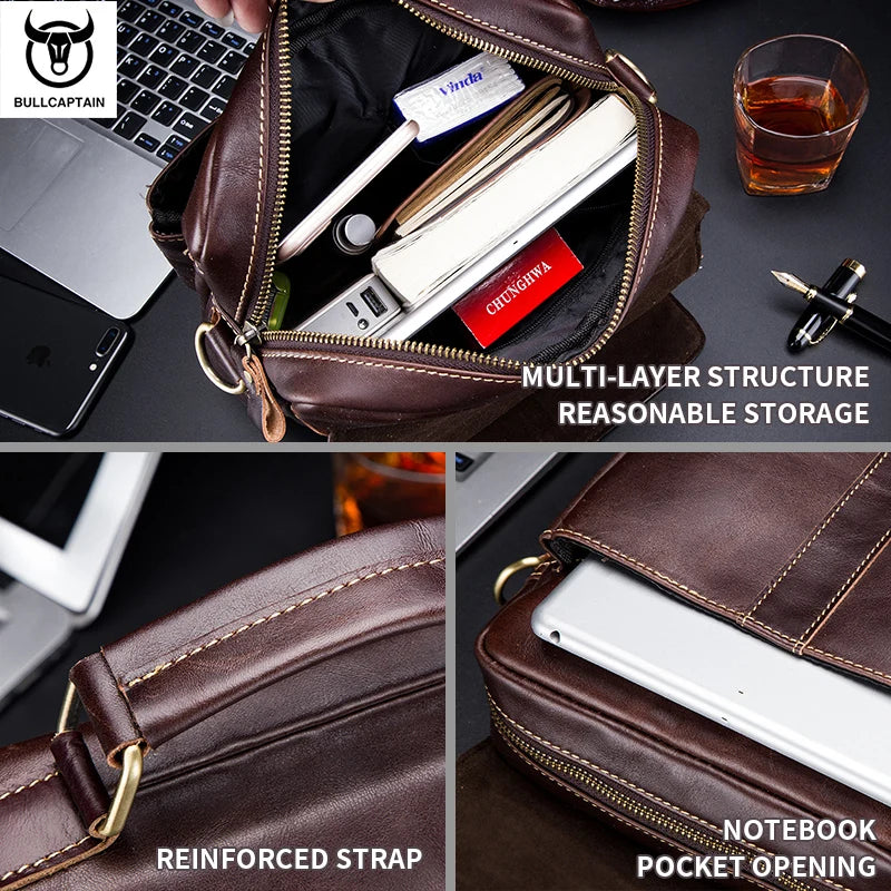 BULLCAPTAIN Herren Leder Schultertasche – Retro Business Crossbody Bag mit Großer Kapazität