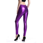 Leggings de piel sintética metálicos para mujer – Leggings de piel sintética brillantes en lila y dorado, elastisch, figurbetont &amp; punkig 