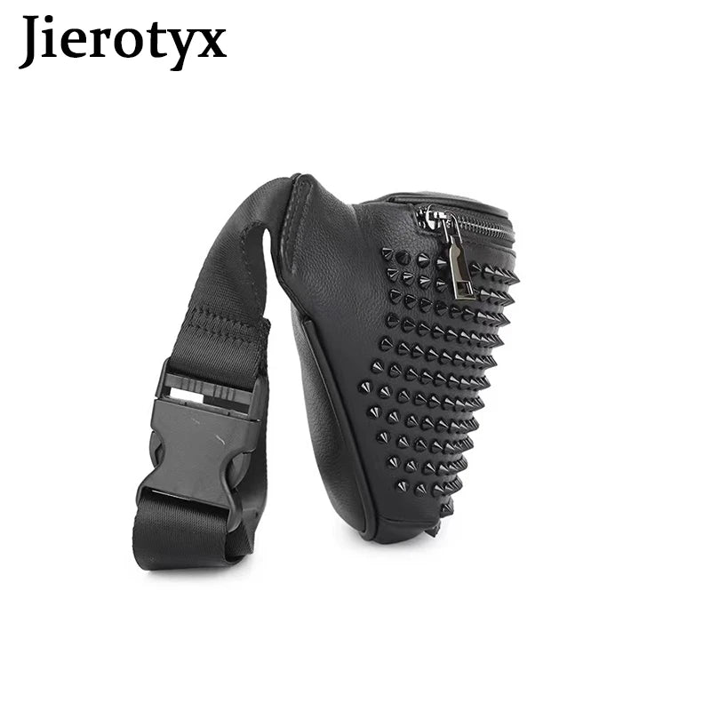 JIEROTYX Damen Gürteltasche – Vintage PU-Leder Fanny Pack mit Nieten, Hüft- & Chest Bag im Gothic Style