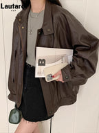 Lautaro Damen Kunstleder Jacke Braun Oversized – American Retro Faux Leather Jacke mit Drop-Shoulder, Reißverschluss & Taschen