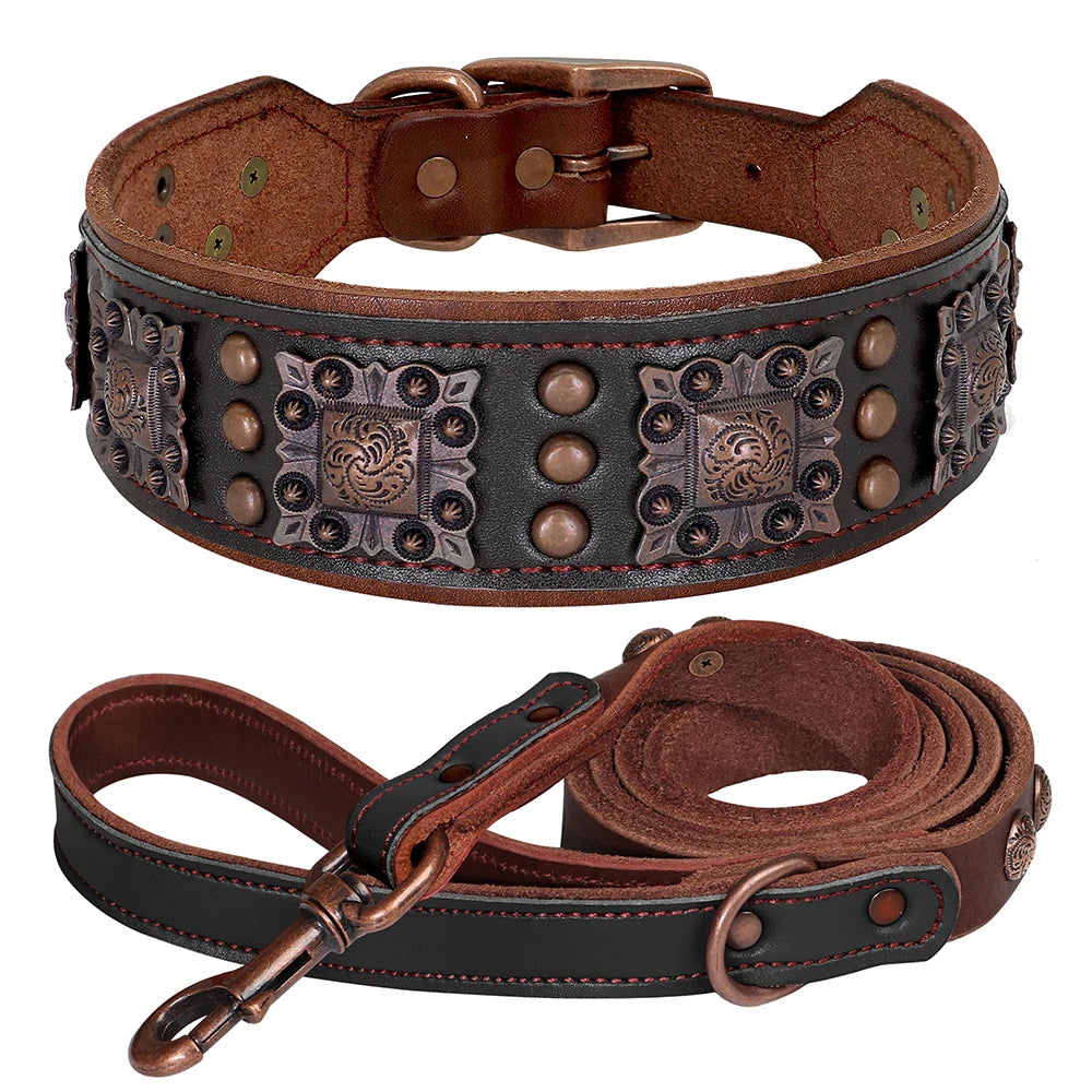 Luxus Leder Hundehalsband & Leinen Set – Breites, gepolstertes Echtleder mit Metallnieten für große & kräftige Hunde