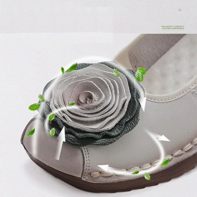 Lorilury Damen Leder Flats 2024 – Handgefertigte Blumen-Ballerinas aus echtem Rindsleder, Retro Wedged Loafers, Weiche Dressy Moccasins