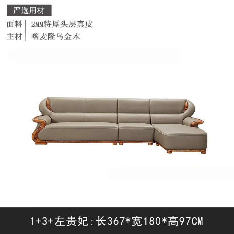 Luxuriöses Ecksofa aus Ebenholz &amp; Echtleder – Nouveau canapé en cuir de style chinois en forme de L, haut de gamme pour les femmes stilvolles