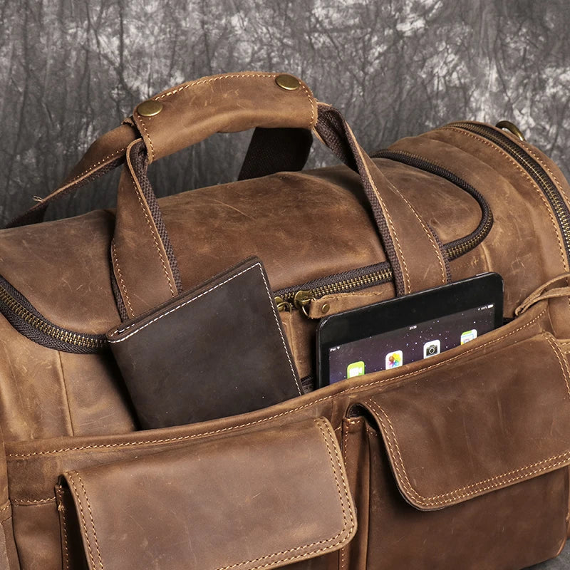 LEATHFOCUS Herren Leder Reisetasche Vintage – Große Crazy Horse Travel Bag aus vollnarbigem Rindsleder, Business- &amp; Weekender Tasche Braun