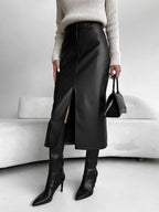 Damen PU Leder Midirock Schwarz – High Waist Rock mit Frontschlitz, eleganter Office- & Alltagsrock in Lederoptik für Herbst