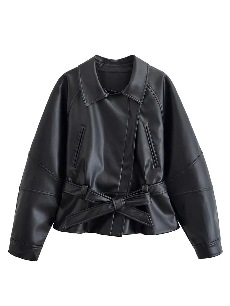 HH Damen Vintage Motorradjacke – Kurze Bikerjacke aus Faux Leder mit Gürtel, Reverskragen &amp; Reißverschluss für Herbst und Winter 