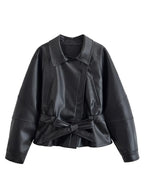HH Damen Vintage Motorradjacke – Kurze Bikerjacke aus Faux Leder mit Gürtel, Reverskragen &amp; Reißverschluss für Herbst und Winter 