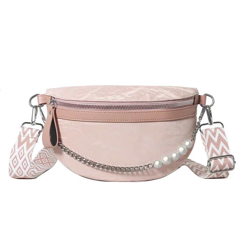 Talkingabao Damen Luxus Fanny Pack – Beaded Chain Waist Bag aus PU-Leder, Elegante Crossbody & Chest Bag 2024