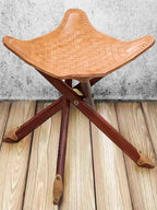 Vintage Leder & Massivholz Hocker – Kompakter Schuhwechsel- & Fußhocker im Retro-Morocco-Stil, stabiler Wohn- & Sitzhocker