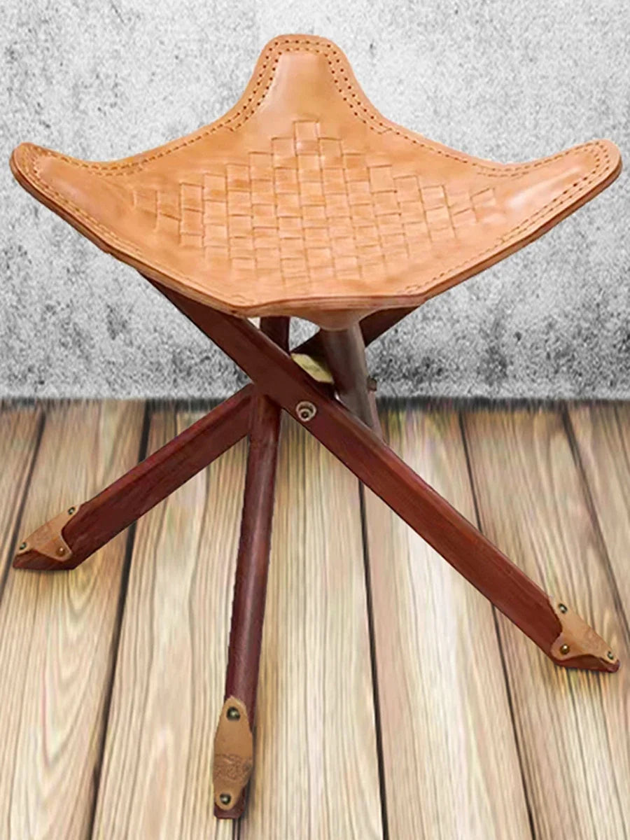 Vintage Leder & Massivholz Hocker – Kompakter Schuhwechsel- & Fußhocker im Retro-Morocco-Stil, stabiler Wohn- & Sitzhocker