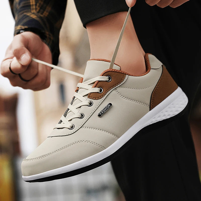 PUAMSS Herren Sneaker aus Leder – Atmungsaktive Sportschuhe, rutschfeste Laufschuhe für Alltag und Training