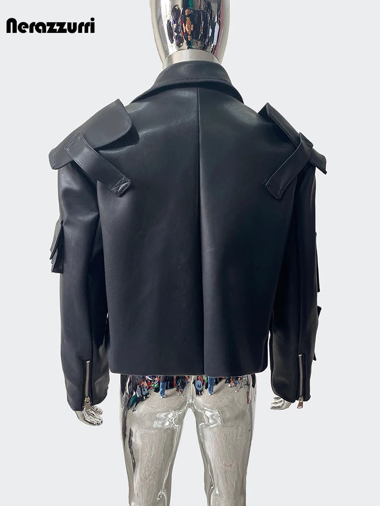 Nerazzurri Herren PU-Lederjacke kurz – Coole Emo & Streetstyle Blazer-Jacke mit Reißverschluss und 3D-Taschen für Frühling & Herbst
