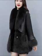 Damen PU Leder Mantel mit Kunstfell – Eleganter Mid-Length Wintermantel 2024, Warm gefütterte Lederjacke für Herbst & Winter