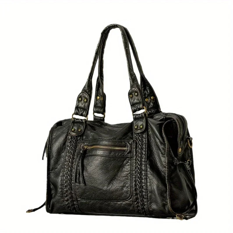 Schwarze Damen Tote Bag mit Flechtrand & goldenen Nieten – Elegante Arbeitstasche mit Front-Reißverschluss & Tragegriffen