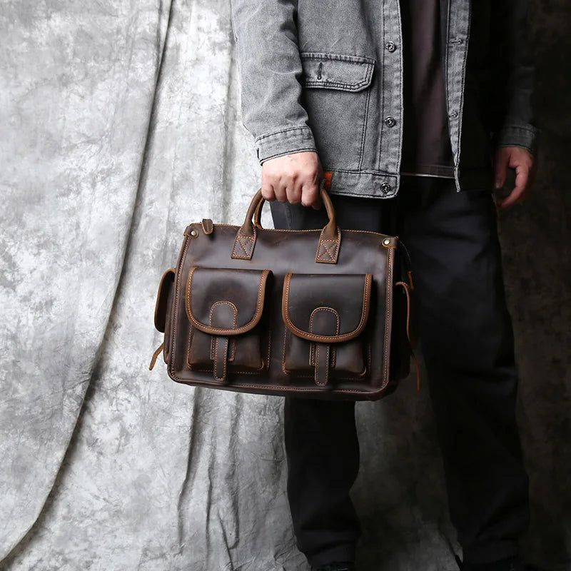 NZPJ Vintage Herren Leder-Aktentasche – Crazy Horse Cowhide Messenger Bag für Laptop, Freizeit & Reisen