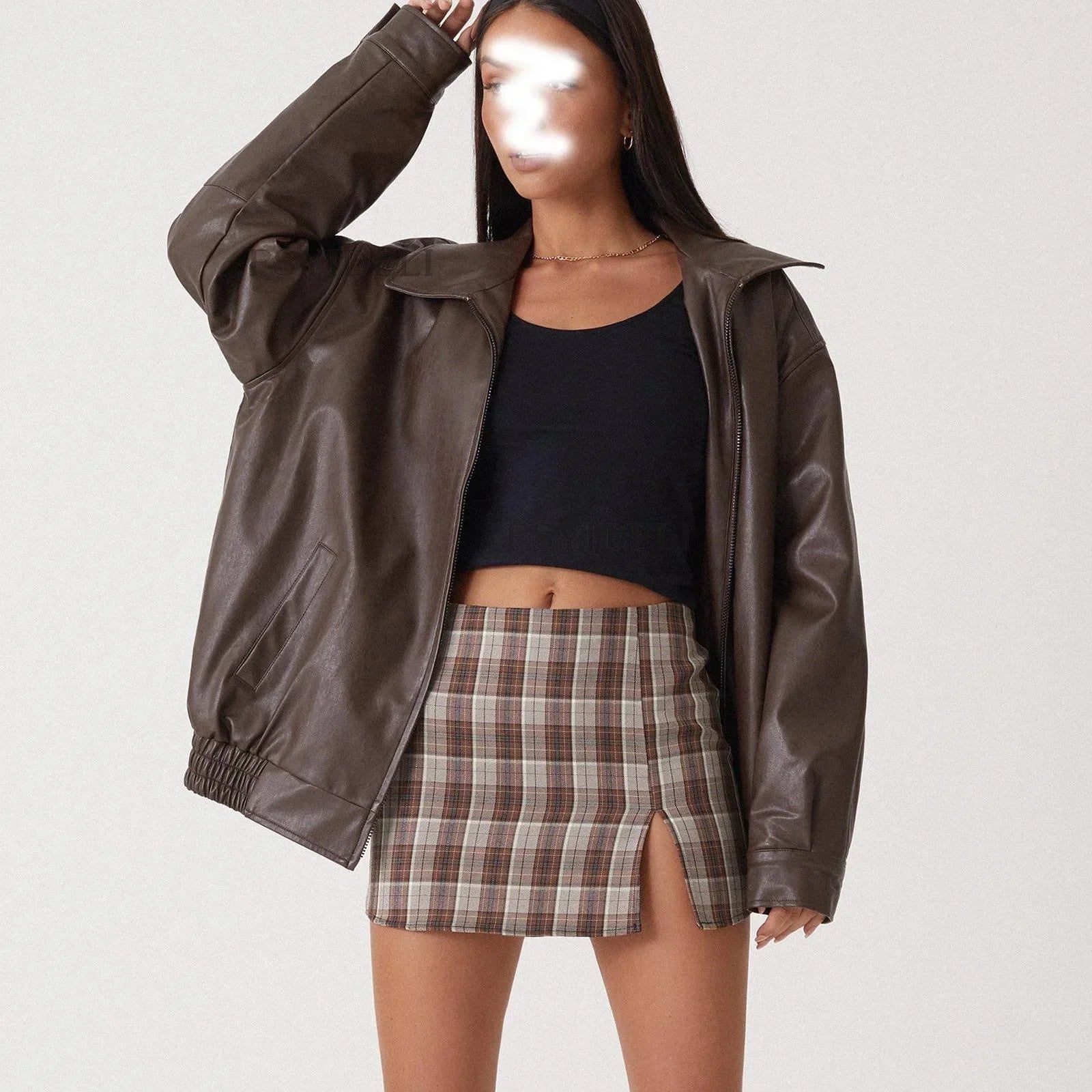 Damen PU Lederjacke Loose Fit – Lässige Herbst Winter Jacke mit Reißverschluss, Umlegekragen & Vollärmeln