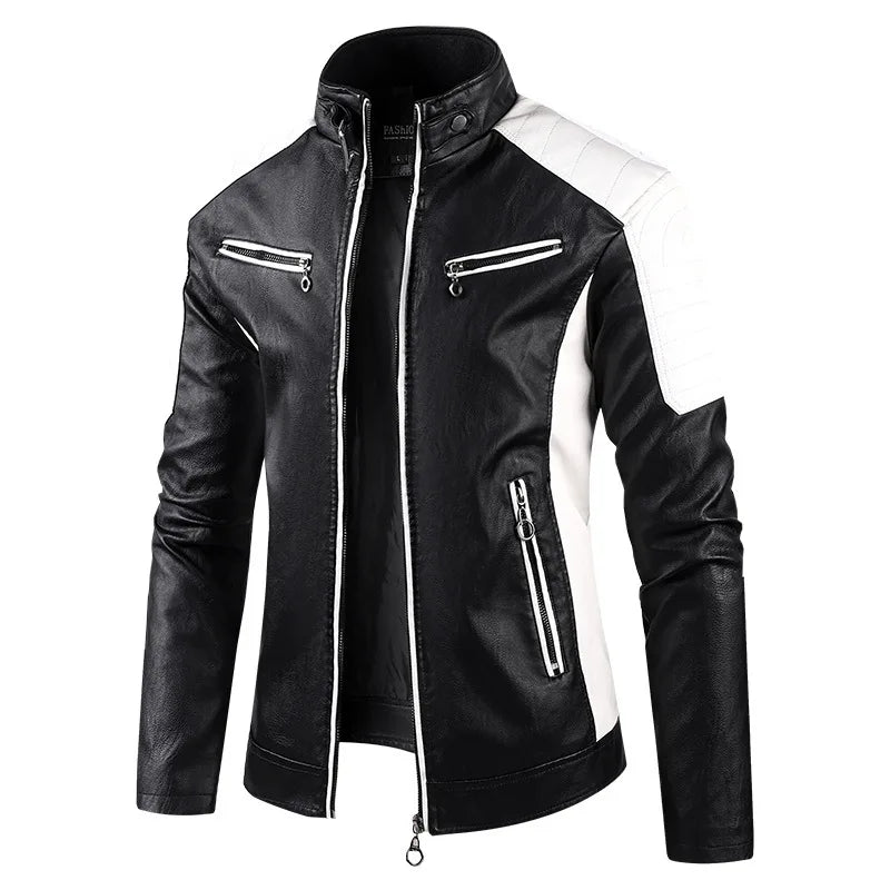 Herren PU Leder Motorradjacke mit Stehkragen – Farbblock Design, leichte Bikerjacke im Casual Style für Frühling & Herbst