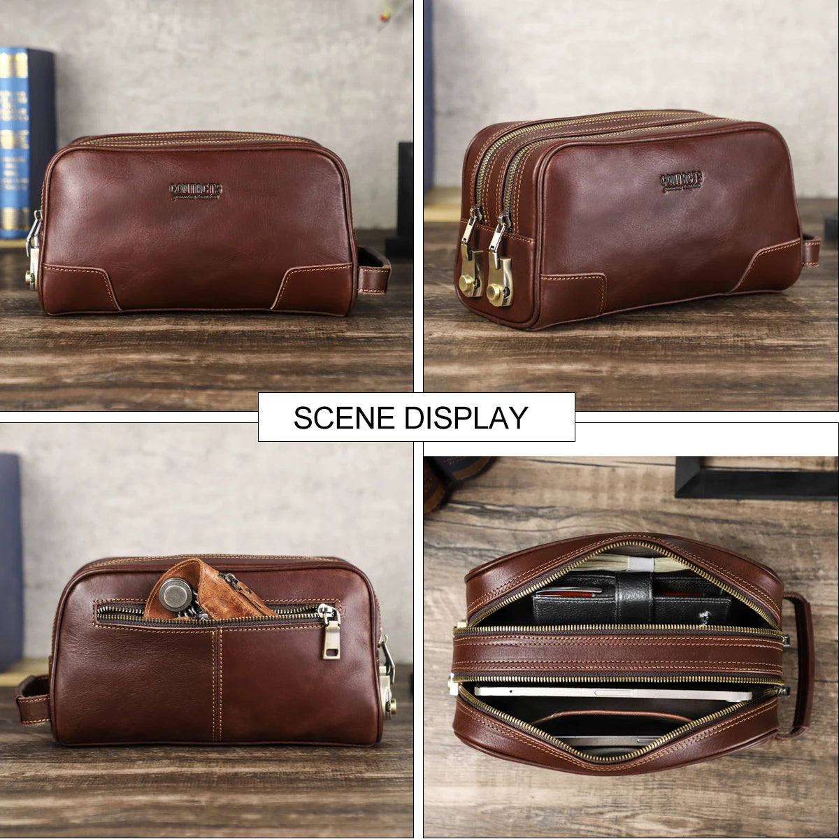 CONTACT’S Herren Echtleder Kulturbeutel mit Zahlenschloss – Großer Reise- & Waschbeutel aus Rindsleder, Business Toiletry Organizer