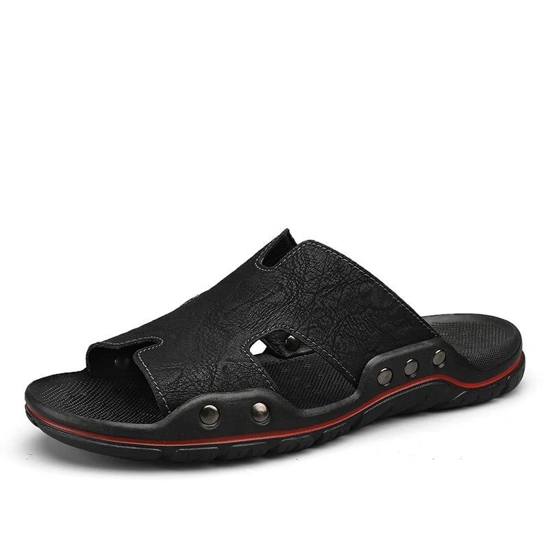 Herren Sommer Slipper aus echtem Leder – Atmungsaktive Clogs & Slides mit rutschfester Sohle, Bequeme Beach- & Outdoor-Sandalen in großen Größen
